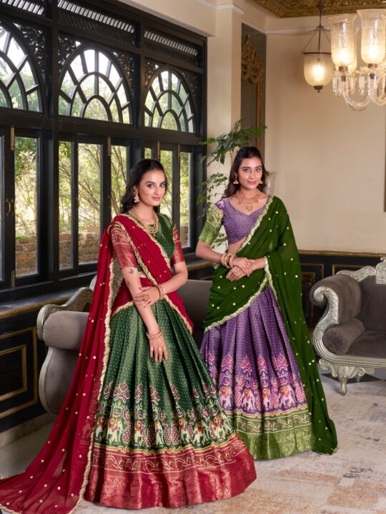 Kanchipuram lehenga choli with zari weaving and embroidered georgette dupatta