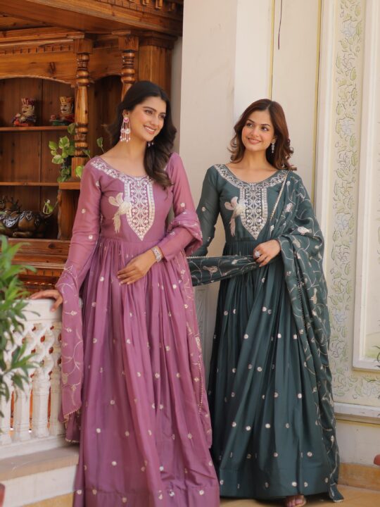 Embroidered Star Georgette Gown with Dupatta for Women – Pramukhmart