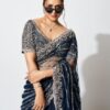 Front view of designer lehenga saree with embroidered pallu and stitched blouse