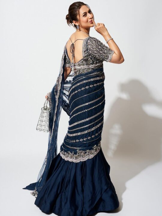 Back view of blooming vichitra lehenga saree