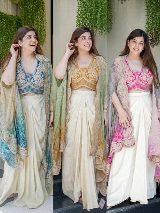 Indo Western Draped Saree with embroidered mono banglory silk blouse and Bandhani dupatta
