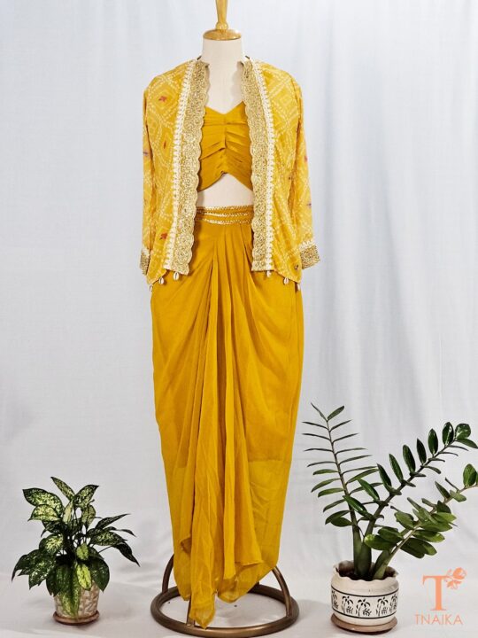 Front view of Party Wear Dhoti Style Saree with Koti