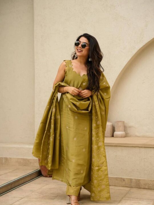 Neon embroidered kurta palazzo set with dupatta in chinnon silk – front view