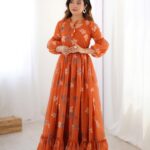 Orange floral gown for women in faux georgette with sleeve and bottom print