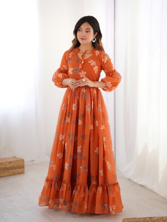 Orange floral gown for women in faux georgette with sleeve and bottom print
