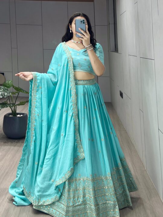 Front view of Sky Blue Chinon Embroidered Lehenga