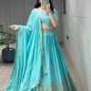 Front view of Sky Blue Chinon Embroidered Lehenga