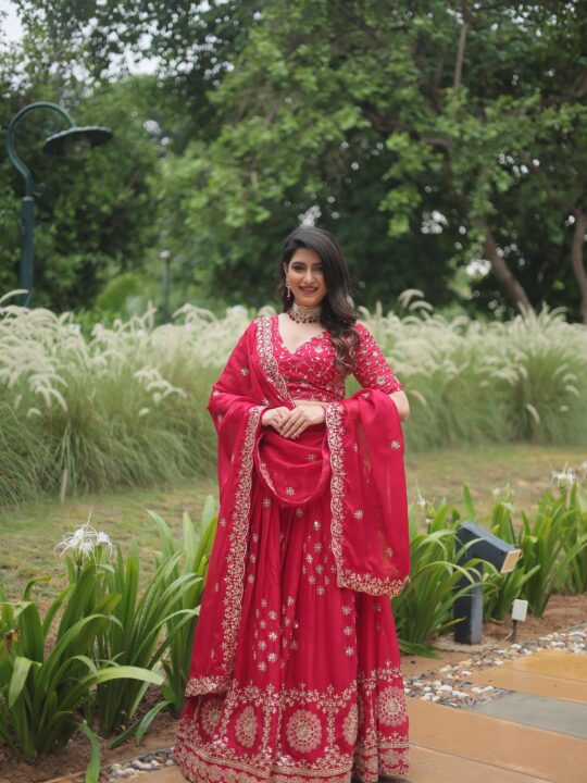 Front view of designer lehenga choli in rangoli silk with embroidery