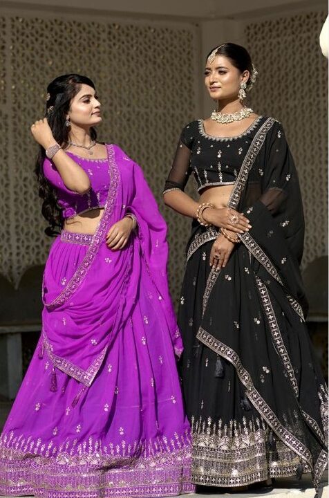 Black and purple georgette lehenga with tassels