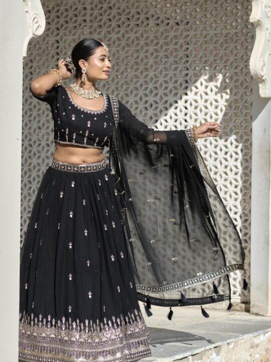 Side view of georgette lehenga with can can