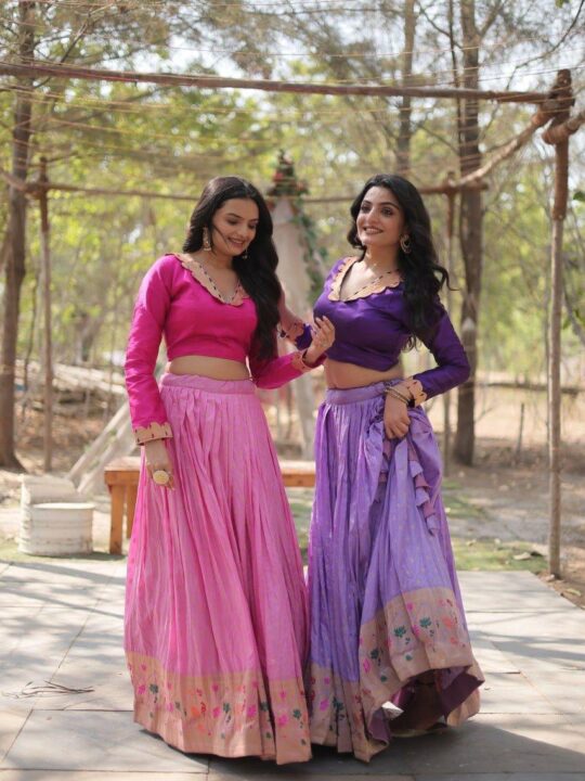 Lavender chaniya choli with Kalamkari border