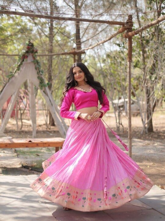 Pink lehenga with full-sleeve V-neck blouse