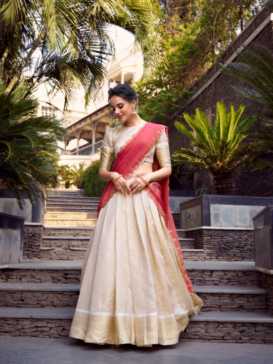 Golden zari lehenga choli with Jacquard fabric and shimmer dupatta – front view