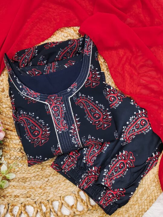 Side view of floral print gown set for festive wear