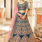 Teal blue bridal velvet lehenga choli with sequins and zari embroidery – Pramukhmart