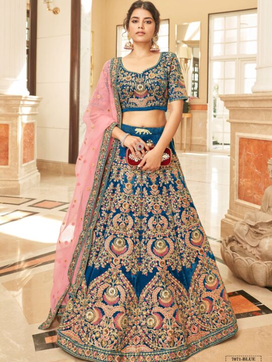 Teal blue bridal velvet lehenga choli with sequins and zari embroidery – Pramukhmart