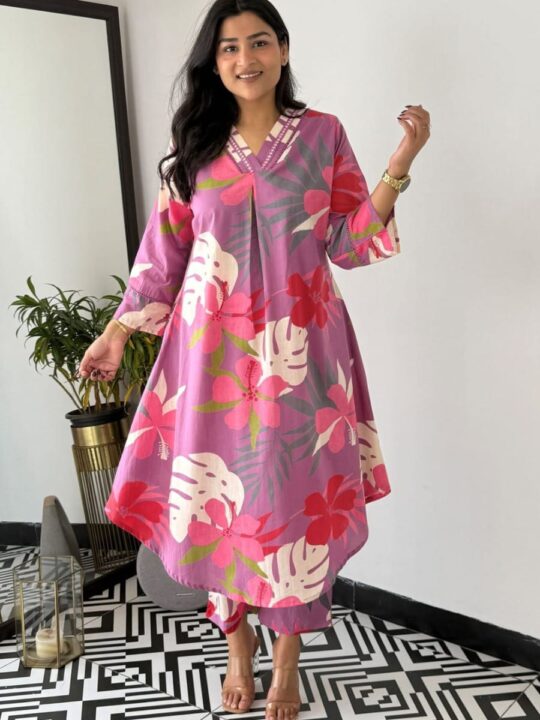 Embroidered cotton kurti pant cord set for women – Pramukhmart