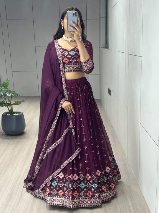 Traditional embroidered georgette lehenga set for women by Pramukhmart – festive wear with tassels and dupatta