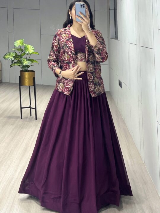 Foil Printed Chaniya Choli Set with Georgette Lehenga and Koti – Pramukhmart