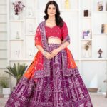 Front view of embroidered Jalpari silk chaniya choli with georgette dupatta