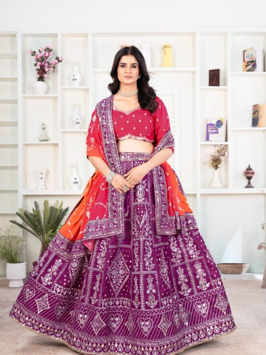 Front view of embroidered Jalpari silk chaniya choli with georgette dupatta
