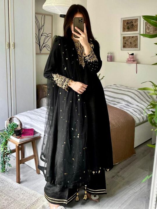 Chinon Silk Kurti Plazzo Set with Embroidery and Dupatta - Front View