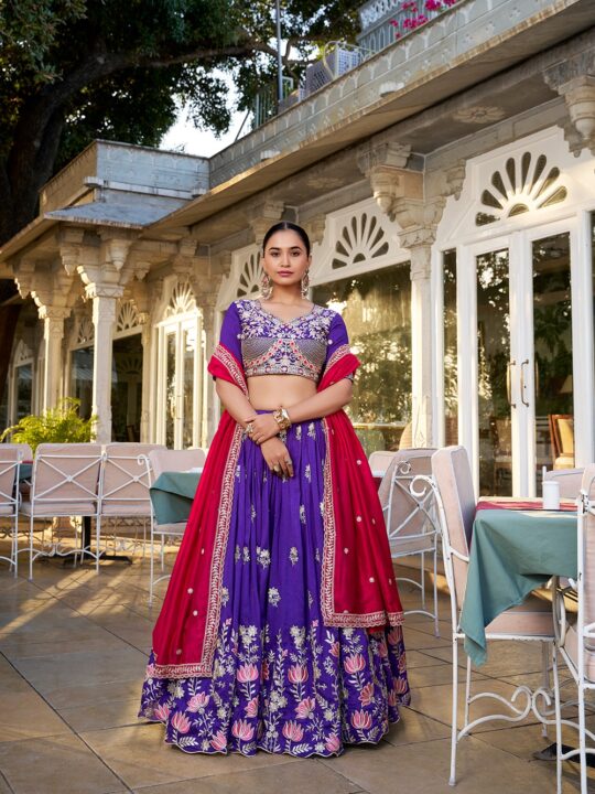 Vichitra silk wedding lehenga with sequin embroidery