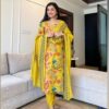 Woman wearing Sanganeri cotton kurti set with embroidered neck and dupatta – Pramukhmart
