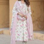 Cotton slub kurti set with floral print and lace – 3-piece set for women