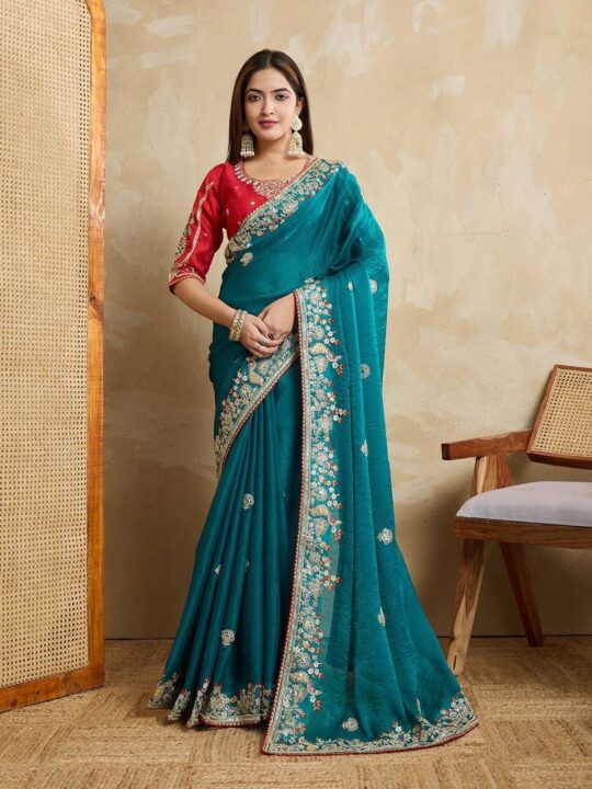 Embroidered chiffon silk saree with piping border and mono Banglory silk blouse - Pramukhmart