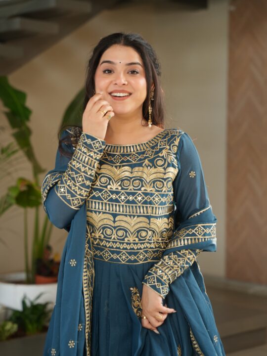 Full sleeve Chinnon gown for women with fancy neck