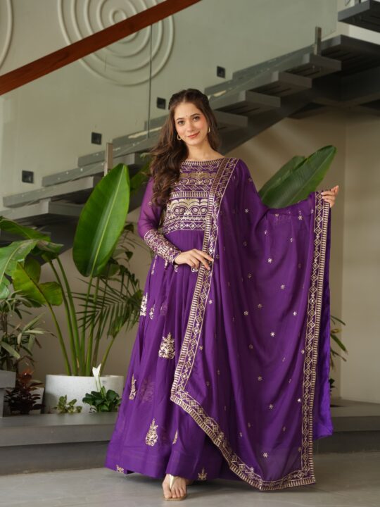Elegant embroidered gown with dupatta – Purple