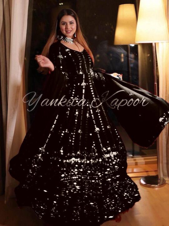 Back view of georgette Anarkali gown with sequin embroidery