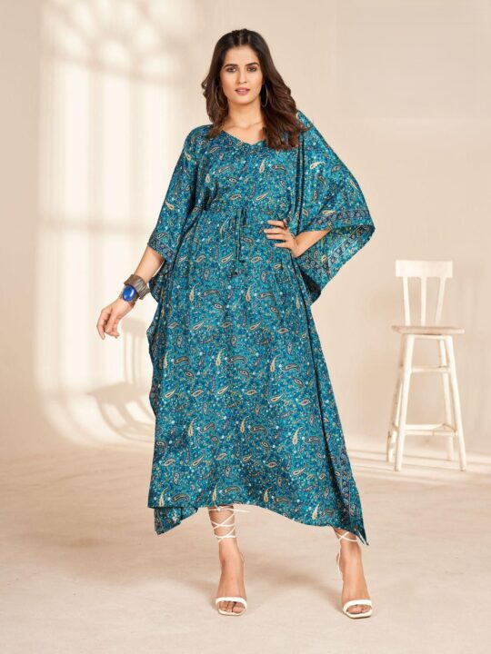 Woman wearing long printed kaftan in soft French crape with adjustable belt