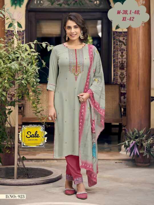 Premium Rayon Kurti Set with Hand Thread Work and Soft Muslin Dupatta – Pramukhmart
