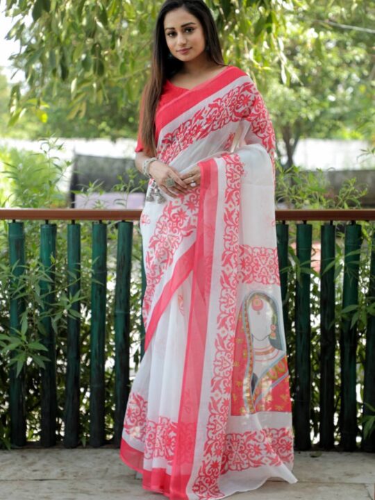 Linen digital print saree with blouse from Devika collection by Pramukhmart