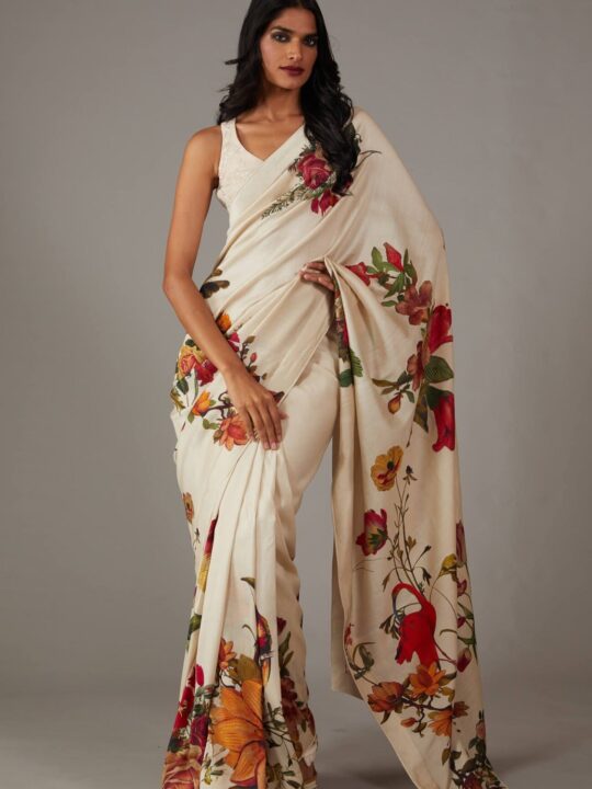 Bright moss green printed saree with Banglori blouse – full view