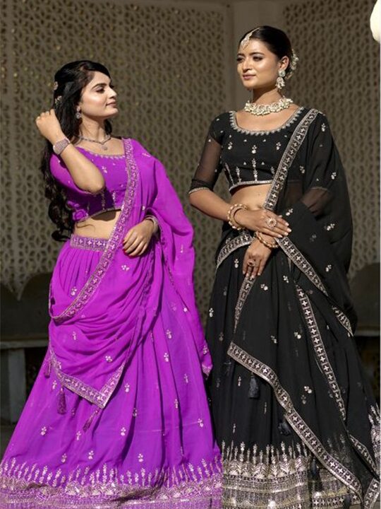 Black and Purple Embroidered Georgette Lehenga Set for Women | Pramukhmart