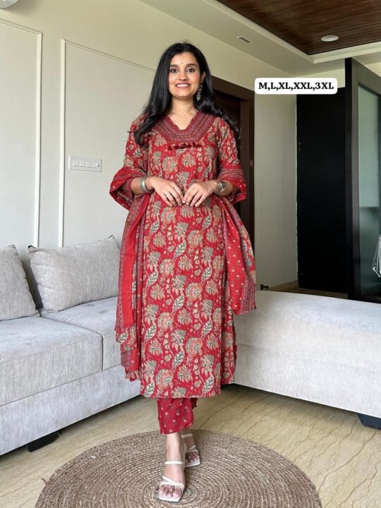 Sanganeri Cotton Kurti Set with Embroidered Neck and Dupatta