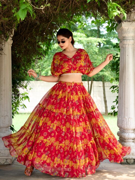 Chiffon floral print lehenga with stitched pearl work blouse – Pramukhmart