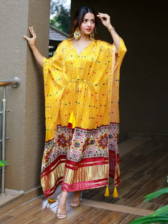 Designer satin kaftan with printed design, lace, and fancy latkan – free size up to XXL