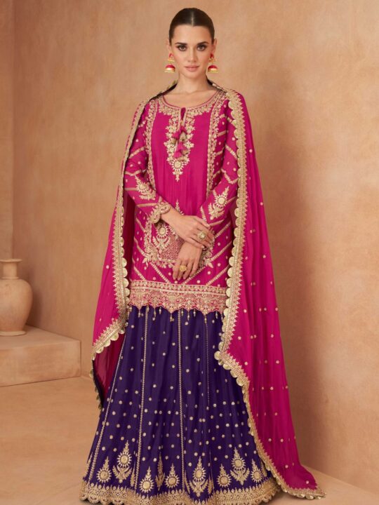 Front view of Chinon Sharara Suit for women with gold embroidery