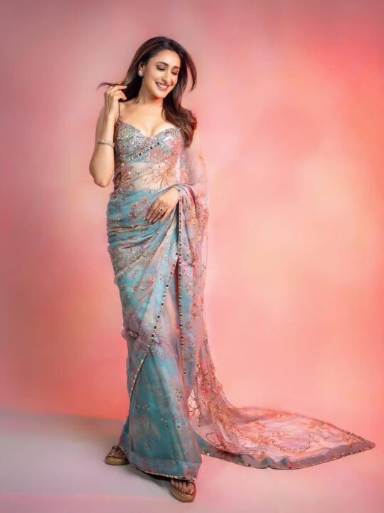 Digital printed tebby silk saree with embroidery and mirror work – Pramukhmart