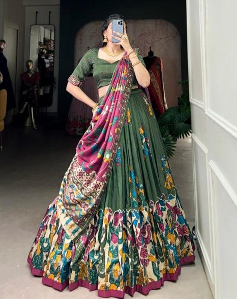 Stitched lehenga set with floral foil print and tassels