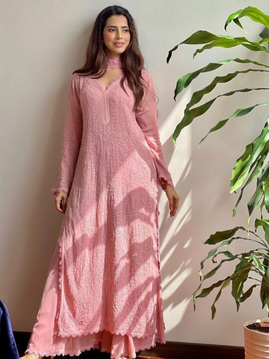 Elegant fox georgette chikankari dress with dupatta from Pramukhmart
