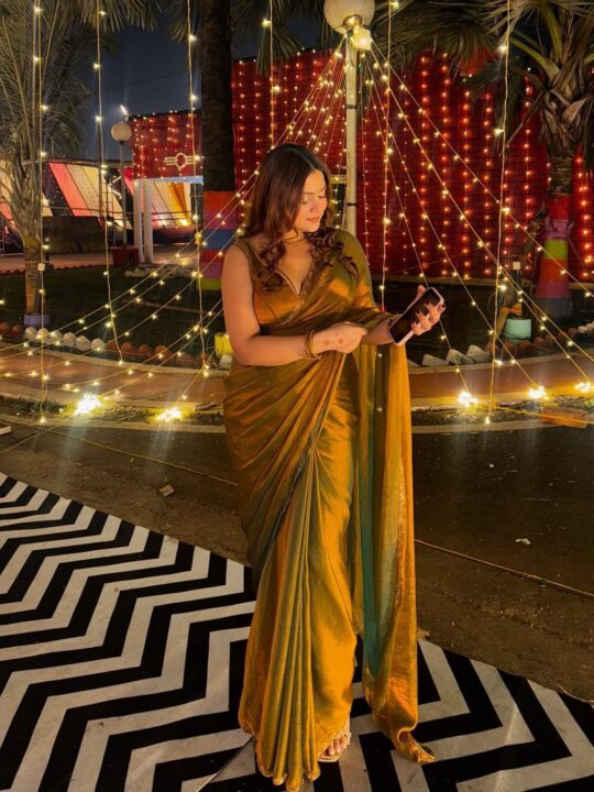 Simiri golden limited edition chiffon fendy saree with hand-beaded border and running blouse