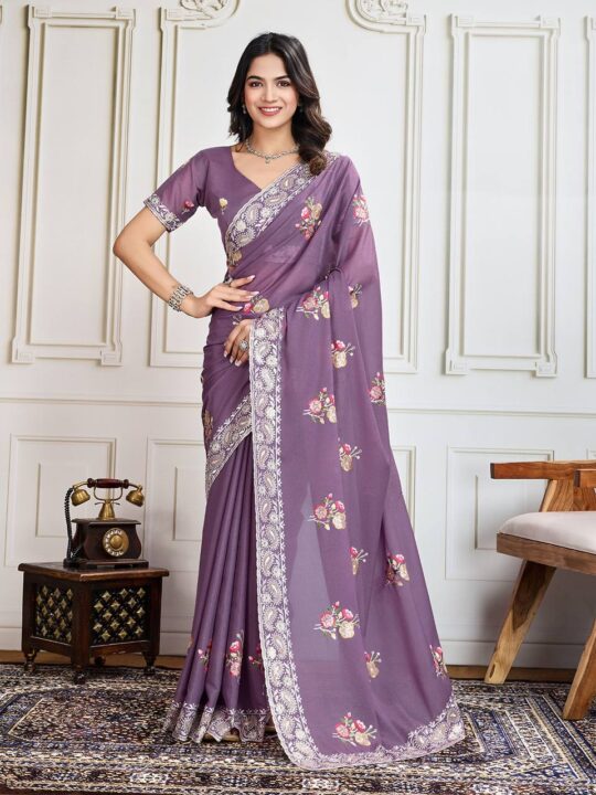 Embroidered soft silk saree with blouse piece – Pramukhmart