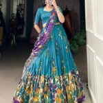 Front view of Dola silk chaniya choli with foil work