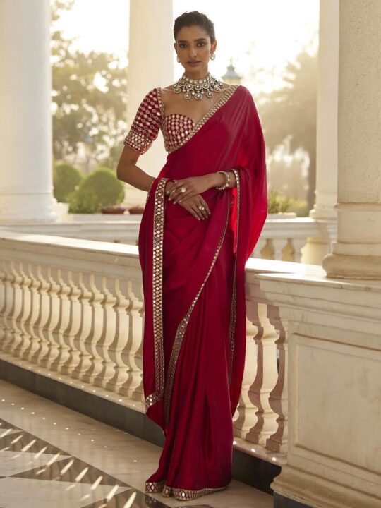 Pure satin silk saree with mirror and embroidery work, satin blouse included