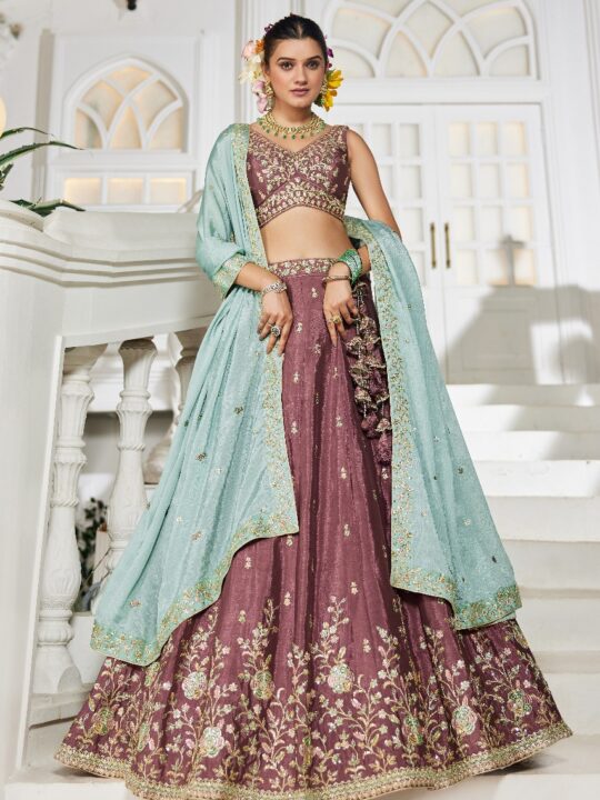 Embroidered designer chaniya choli set with flared lehenga and chiffon dupatta – Pramukhmart